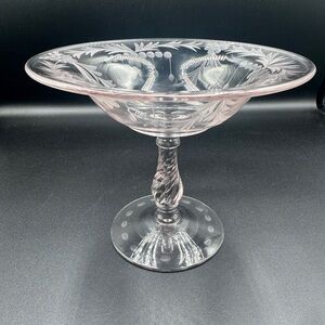 Vintage Pink Etched Glass Compote / Sherbet Dish Twisted Stem Floral Design